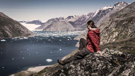 a hiker overlooking qooroqice fjord in south greenland, near narsarsuaq
