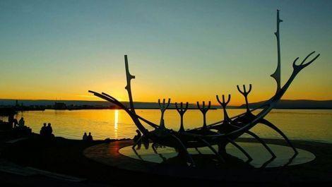 Sun Voyager statue at sunset, Reykjavik